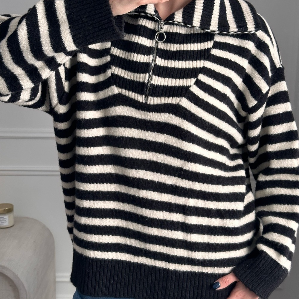 Zara Black and White Striped Half-Zip Sweater